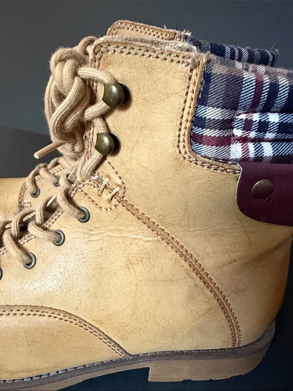 Woman’s Tan Lace-Up Plaid Collar Boots